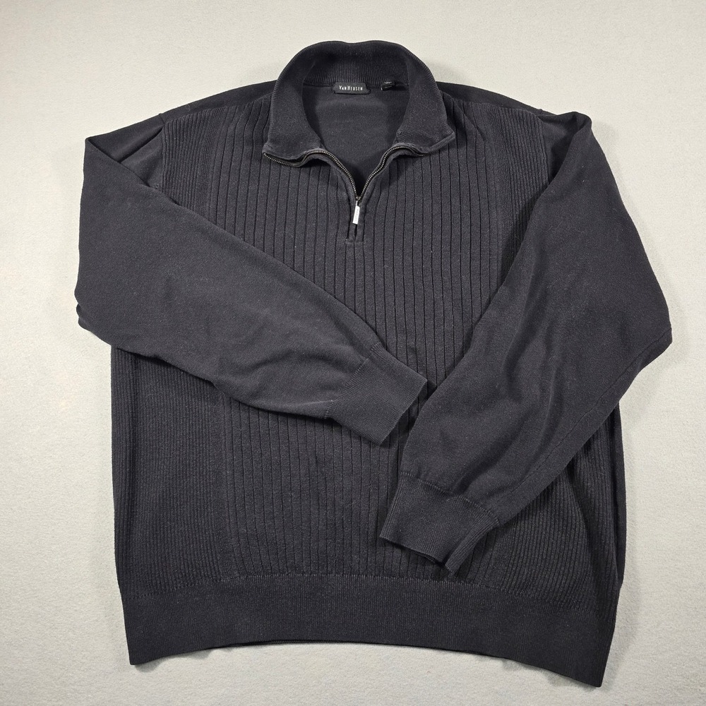 Van Heusen Sweater Mens XL Black Quarter Zip Pullover 100% Cotton Ribbed Knit